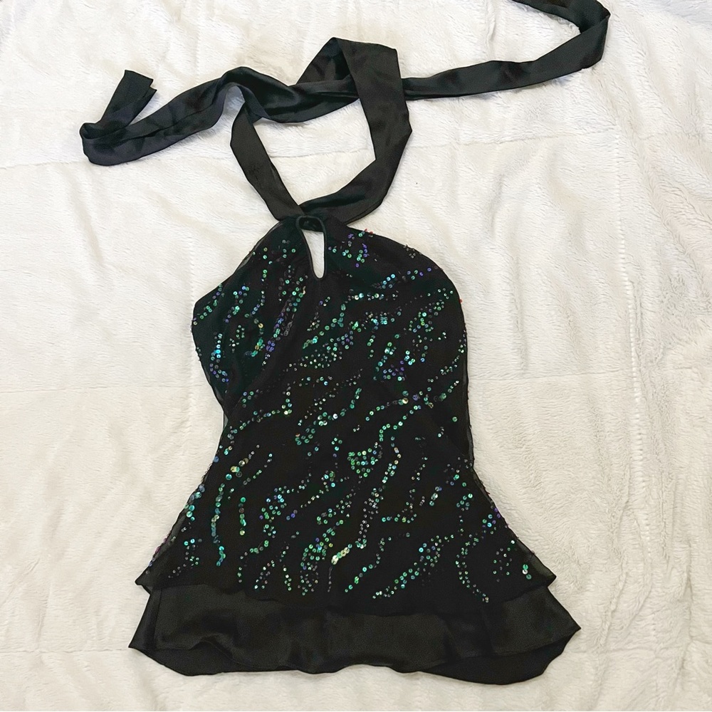Vintage Diane Von Furstenburg 100% Silk Sequin Halter tie neck Tank Top